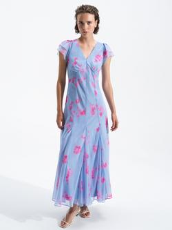 French Connection Myla Floral Midi Dress, Blue/Pink Multi, Blue/Pink Multi