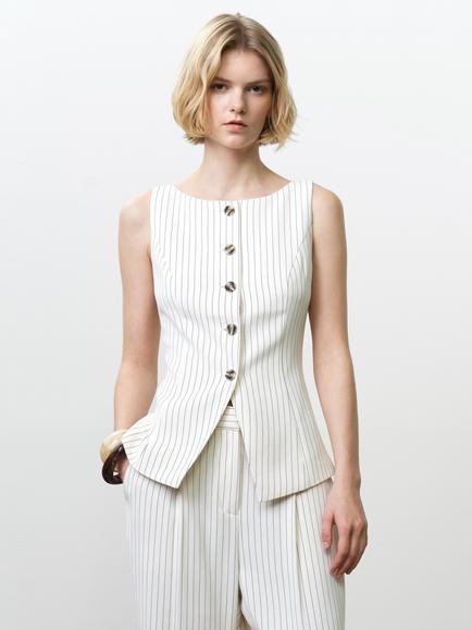 French Connection Vinnie Pinstripe Waistcoat, Cream/Black, Cream/Black