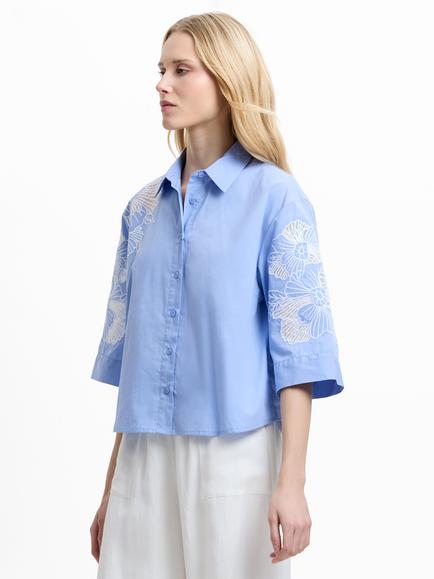 French Connection Cambria Embroidered Shirt, Blue/White, Blue/White