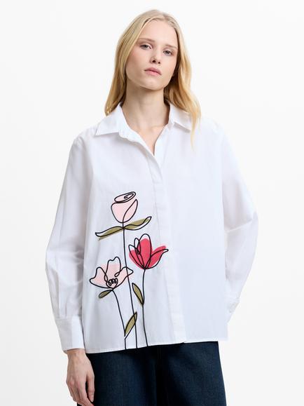 French Connection Cambria Embroidered Floral Shirt, White/Multi, White/Multi