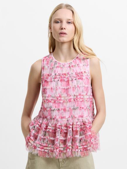 French Connection Vanessa Mesh Peplum Top, Pink/Multi, Pink/Multi
