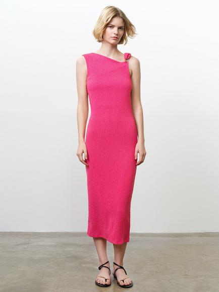 French Connection Trixie Sleeveless Asymmetric Neck Midi Dress, Fuchsia Pink, Fuchsia Pink