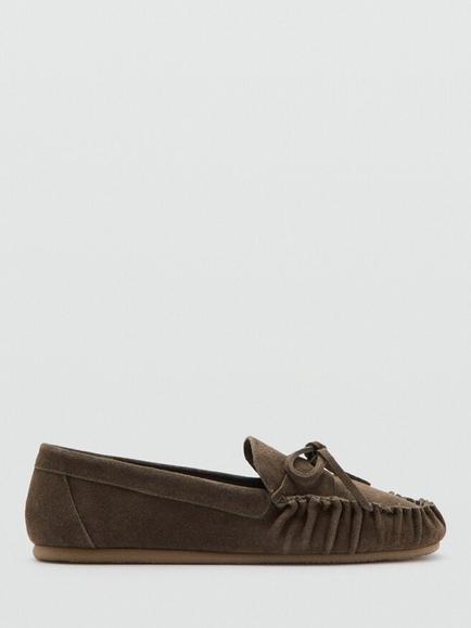 Mango Suede Ruched Toe Moccasin Bow Tie Loafers, Sand, Sand