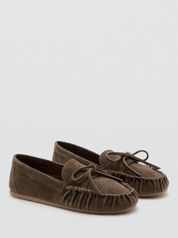 Mango Suede Ruched Toe Moccasin Bow Tie Loafers, Sand - view 2, Sand