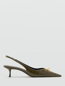 Mango Croc-Effect Kitten Heel Slingback Court Shoes, Khaki, Khaki