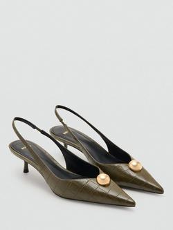 Mango Croc-Effect Kitten Heel Slingback Court Shoes, Khaki - view 2, Khaki