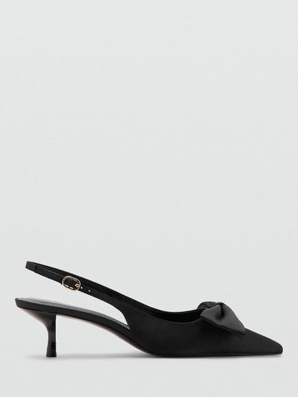 Mango Satin Pointed Toe Kitten Heel Bow Slingback Court Shoes, Black, Black