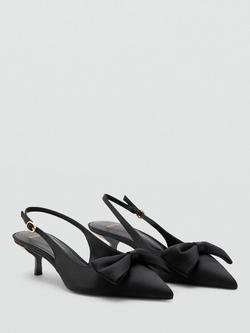 Mango Satin Pointed Toe Kitten Heel Bow Slingback Court Shoes, Black - view 2, Black