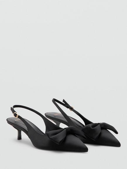 Mango Satin Pointed Toe Kitten Heel Bow Slingback Court Shoes, Black - view 2, Black