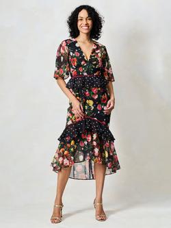 Hope & Ivy The Aida Mixed Print Ruffle Midi Dress, Black, Black