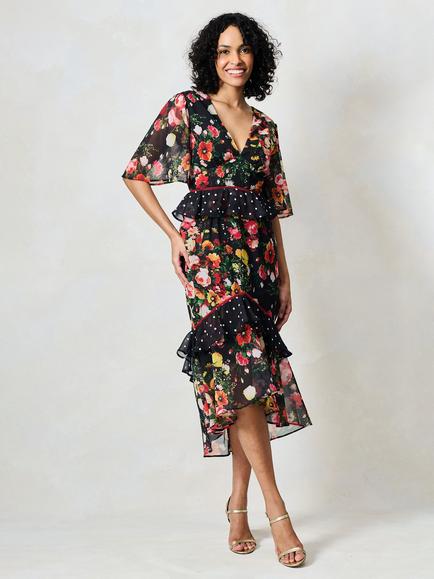 Hope & Ivy The Aida Mixed Print Ruffle Midi Dress, Black - view 2, Black
