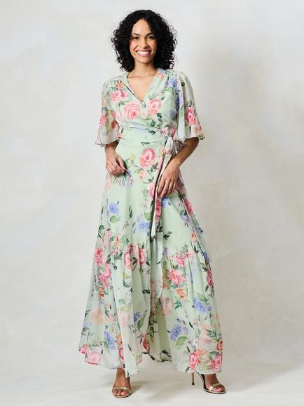 Hope & Ivy The Emi Floral Tie Waist Wrap Maxi Dress, Green, Green