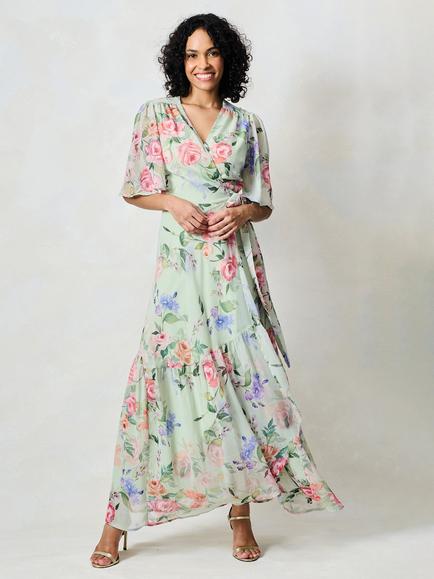 Hope & Ivy The Emi Floral Tie Waist Wrap Maxi Dress, Green - view 2, Green
