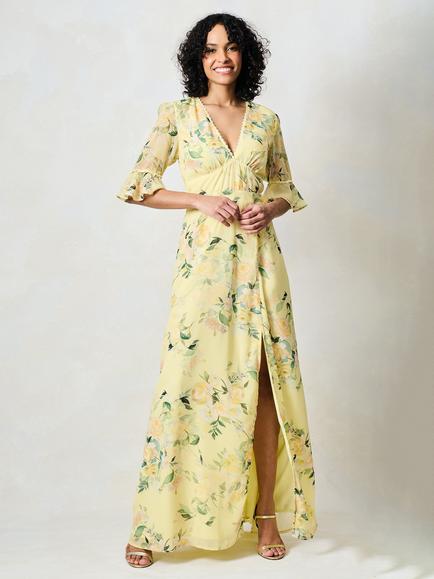 Hope & Ivy The Goldie Floral Open Back Maxi Dress, Yellow, Yellow