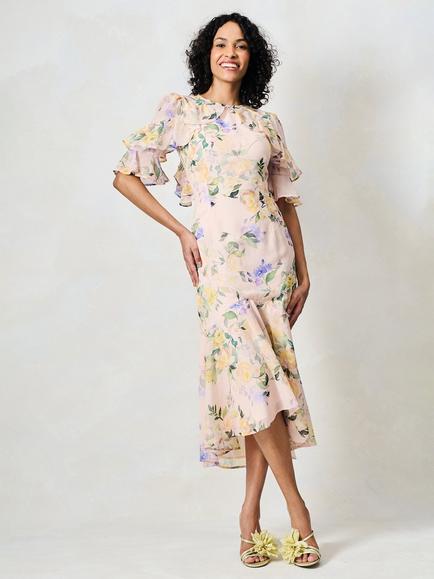 Hope & Ivy The Jeanette Floral Open Ruffle Back Midi Dress, Pink, Pink