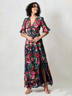 Hope & Ivy The Jemma Floral Open Back Maxi Dress, Navy, Green Pink, Navy, Green Pink