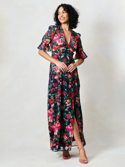 Hope & Ivy The Jemma Floral Open Back Maxi Dress, Navy, Green Pink - view 2, Navy, Green Pink