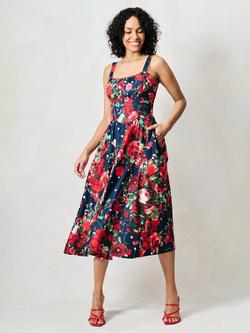 Hope & Ivy The Leona Square Neck Floral Midi Dress, Navy, Navy