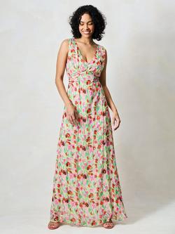 Hope & Ivy The Misty Floral Sparkle Tie Back Maxi Dress, Green And Pink, Green And Pink