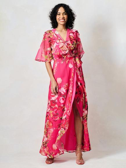 Hope & Ivy The Pixie Tie Waist Wrap Maxi Dress, Pink, Pink