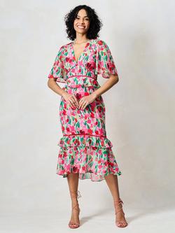 Hope & Ivy The Rosemary Peplum Waist Ruffle Midi Dress, Green And Pink, Green And Pink