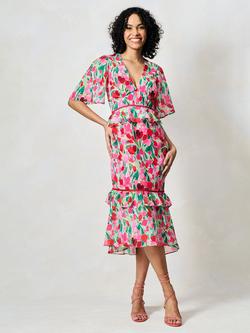 Hope & Ivy The Rosemary Peplum Waist Ruffle Midi Dress, Green And Pink - view 2, Green And Pink