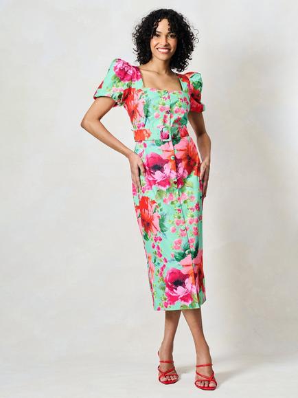 Hope & Ivy The Rowena Floral Sweetheart Neck Pencil Dress, Green And Pink, Green And Pink