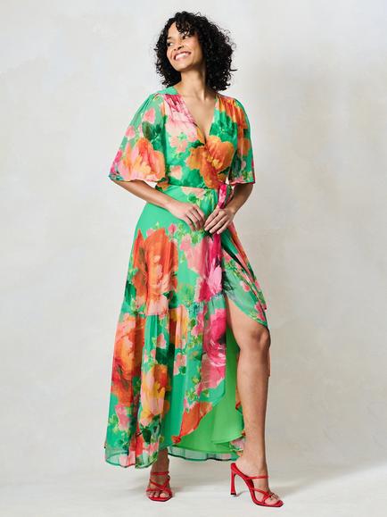 Hope & Ivy The Samantha Floral Flutter Sleeve Wrap Maxi Dress, Green And Red, Green And Red