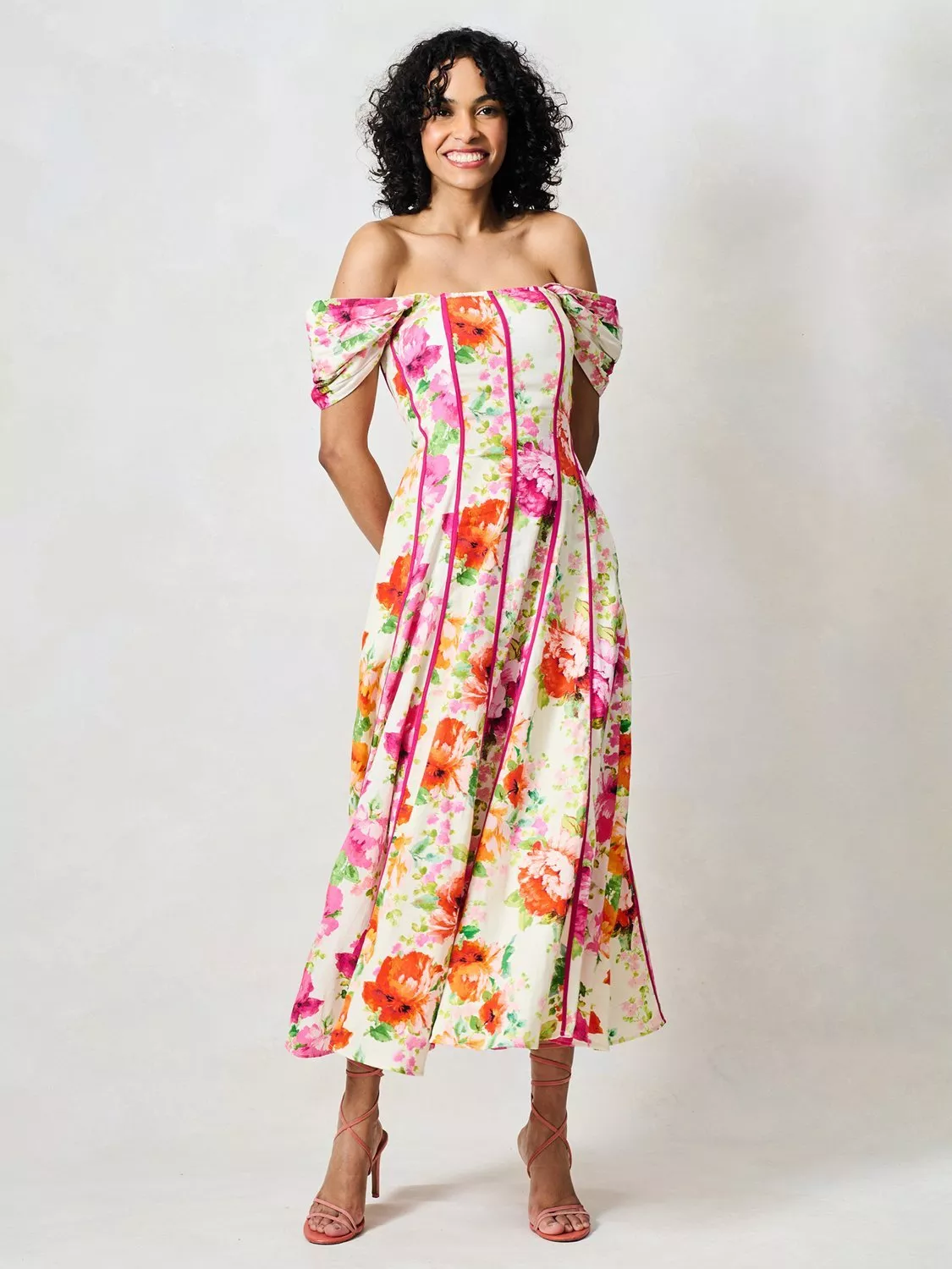 Hope & Ivy The Shannon Floral Corset Midi Dress, Green And Pink