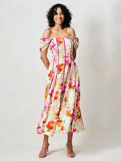 Hope & Ivy The Shannon Floral Corset Midi Dress, Green And Pink, Green And Pink