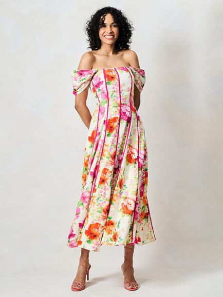 Hope & Ivy The Shannon Floral Corset Midi Dress, Green And Pink, Green And Pink