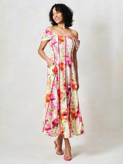 Hope & Ivy The Shannon Floral Corset Midi Dress, Green And Pink - view 2, Green And Pink