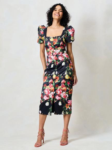 Hope & Ivy The Trisha Square Neck Floral Midi Dress, Black - view 2, Black