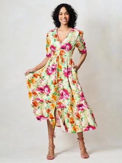 Hope & Ivy The Zeena Floral Puff Sleeve Midi Dress, Green And Pink, Green And Pink