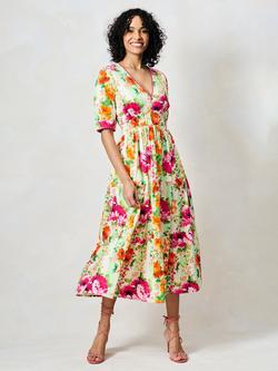 Hope & Ivy The Zeena Floral Puff Sleeve Midi Dress, Green And Pink - view 2, Green And Pink