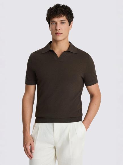 Moss Linen Blend Skipper Polo Shirt, Brown