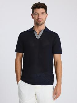 Moss Open Knit Short Sleeve Skipper Polo Shirt, Navy, Navy