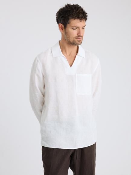 Moss Popover V Neck Linen Shirt, White, White