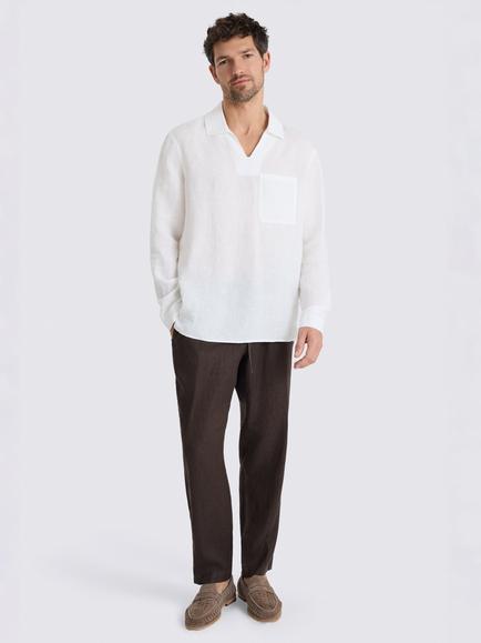Moss Popover V Neck Linen Shirt, White - view 2, White