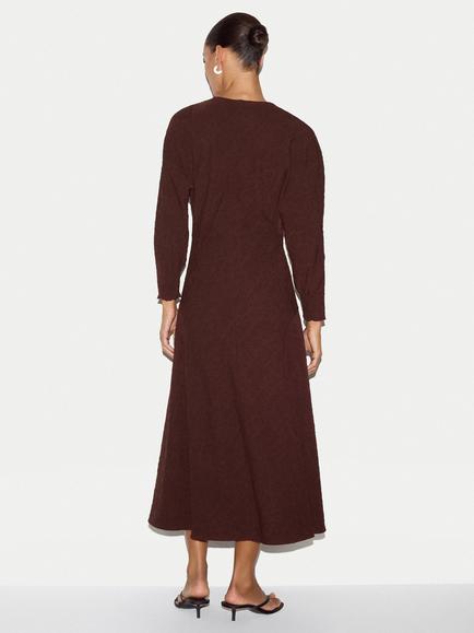 Jigsaw V-Neck Godet Dress, Brown - view 2, Brown