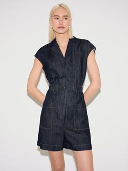 Jigsaw Button Down Denim Playsuit, Indigo, Indigo
