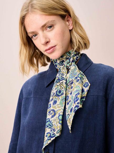 Brora Floral Pure Silk Neck Tie, Oyster/Indigo - view 2, Oyster/Indigo