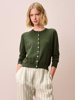Brora Classic Round Neck Cardigan, Olive, Olive