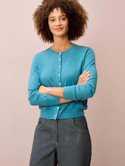 Brora Classic Round Neck Cardigan, Ocean, Ocean