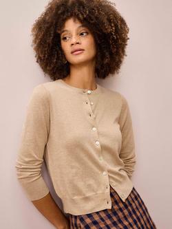 Brora Classic Round Neck Cardigan, Sand - view 2, Sand