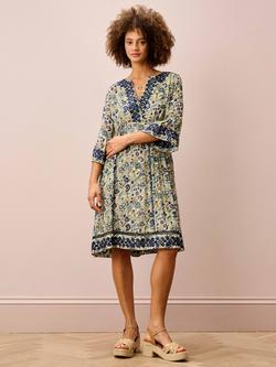 Brora Floral Embroidered Pure Silk Dress, Oyster/Indigo, Oyster/Indigo