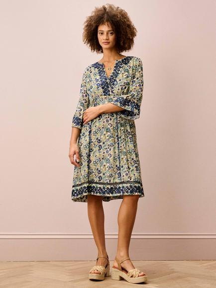 Brora Floral Embroidered Pure Silk Dress, Oyster/Indigo, Oyster/Indigo