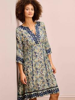 Brora Floral Embroidered Pure Silk Dress, Oyster/Indigo - view 2, Oyster/Indigo