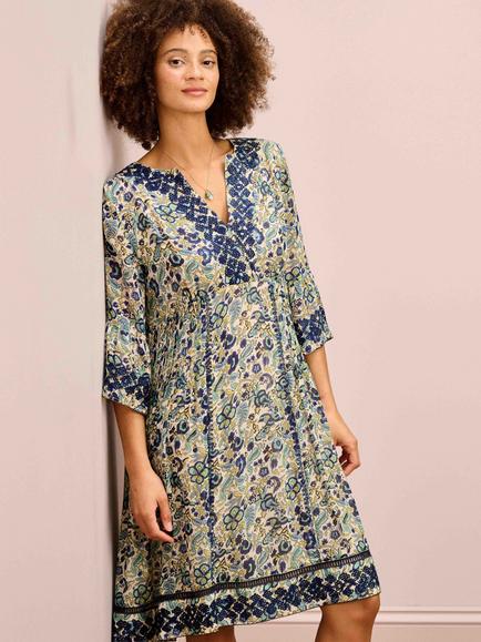 Brora Floral Embroidered Pure Silk Dress, Oyster/Indigo - view 2, Oyster/Indigo