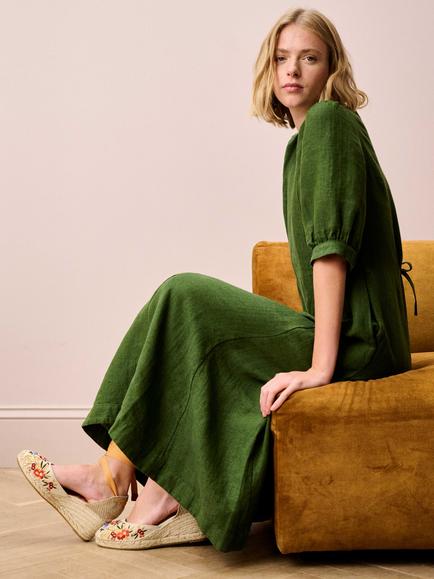 Brora Herringbone Pure Linen Shirt Dress, Kelp - view 2, Kelp